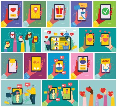 Set of illustrations of hand holding smartphone with new message on screen. Chat, email messaging, sms, mobile concepts for web sites, web banners in modern flat design