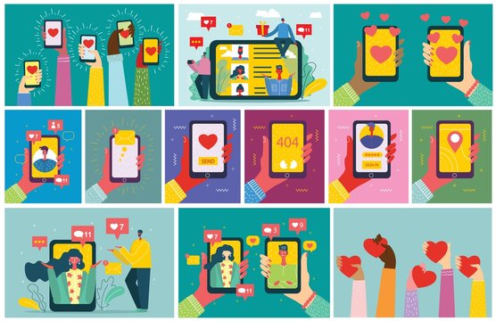 Set of illustrations of hand holding smartphone with new message on screen. Chat, email messaging, sms, mobile concepts for web sites, web banners in modern flat design