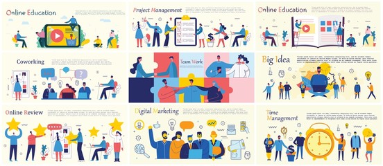 Vector illustrations of the office concept business people in the flat style. E-commerce, online education, project management, start up, digital marketing and mobile advertising business concept