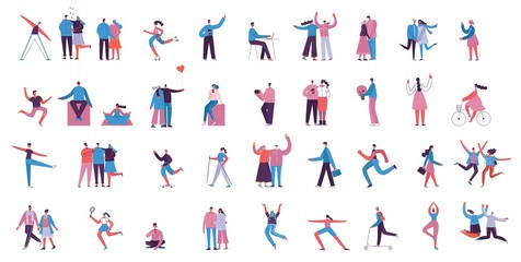 Fototapeta na wymiar Vector illustration in a flat style of different activities people jumping, dancing, walking, business, couple in love, doing sport, have party. 