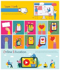 Vector illustrations of the office concept business people in the flat style. E-commerce, online education, project management, start up, digital marketing and mobile advertising business concept