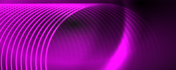 Dark abstract background with bright color neon lights and lines. Glowing background