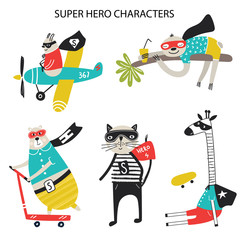 Super Hero - collection of cute and fun kids super hero animals. Big set of characters. Vector illustration