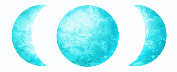 Moon phases in bright blue color. Hand painted with watercolors on white background - obrazy, fototapety, plakaty