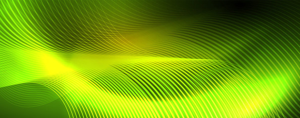 Bright neon circles and wave lines, glowing shiny background design template, digital techno concept.