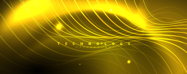 Bright neon circles and wave lines, glowing shiny background design template, digital techno concept.