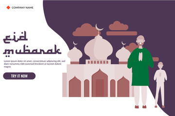 happy ramadan mubarak greeting. eid fitr or adha flat design vector illustration for web landing page template, banner, flyer, card and presentation