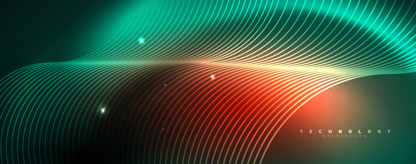 Shiny neon lines template - northern lights glowing blur lines. Futuristic style glow neon 80s disco club or night party techno template