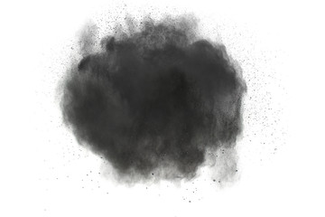Black powder explosion on white background. Black dust particles splatter on background.