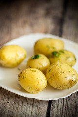 boiled young potato with butter and dill in a plate