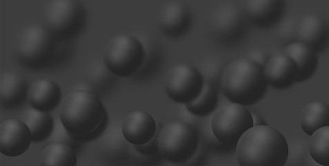 Dark Background with black balls, blur effect. 3d round spheres.