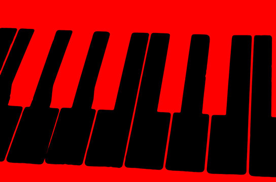 The schematic image of the keys of a musical instrument on a bright red background.
