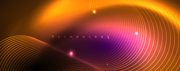 Shiny neon lights, dark abstract background with blurred magic neon light curved lines