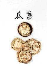 Chinese cucumber herb used in chinese herbal medicine with calligraphy script, used for chest & lung infection problems. Translation reads as chinese cucumber. Gua Lou. Fructus trichosanthis kirlowii.