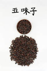 Chinese schisandra berries magnolia vine used in chinese herbal medicine as an astringent and sedative and has many other health benefits. Translation reads as magnolia vine schisandra. Wu wei zi. 