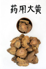 Rhubarb root herb used in chinese herbal medicine used as a laxative, regulates weight loss & helps to treat type 2 diabetes. Translation reads as chinese rhubarb. Yao Yong, da huang.