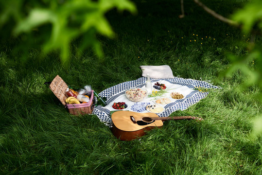 Healthy picnic snacks and a guitar on a blanket in a park