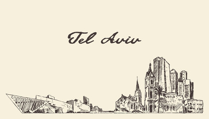 Naklejka premium Tel Aviv skyline Israel hand drawn vector sketch
