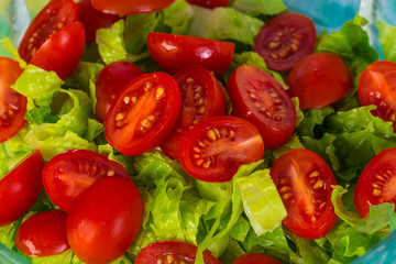 Extreme Closeup of Sliced Cherry Tomato and Lettuce Salad; over head view