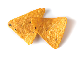 Tasty crispy potato chips isolated on white background