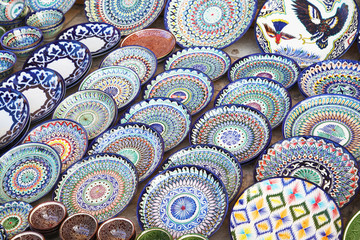 Colorful dishware on sale in Bukhara, Uzbekistan