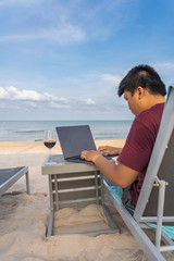 Rear view of young man using laptop on beautiful beach