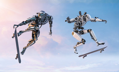 Two robots skateboarders doing a skateboarder ollie trick, isolated on blue sky background. Active life, sport, artificial intelligence, future robotics technology concept. 3D illustration © Corona Borealis