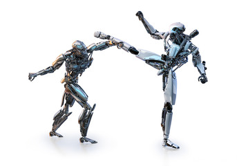 Couple of modern robots fighting on white background. Sport, martial arts, healthcare, fitness, artificial intelligence concept. 3D illustration