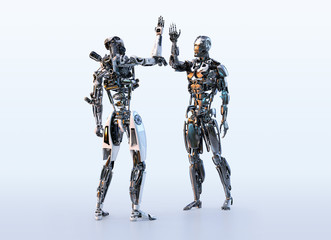 Two robots cyborgs making high five greeting. Business, technology, communication, artificial intelligence, cooperation, teamwork, partnership, friendship concept. Clipping path. 3D illustration.