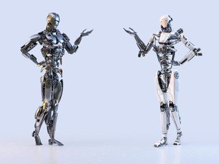 Couple of modern robots presenting product, showing something over hands with copy space. Advertising, technology, communication, artificial intelligence concept. 3D illustration.