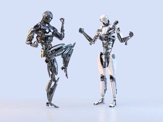 Couple of positive joyful modern robots celebrating victory, expressing, isolated. Technology, communication, artificial intelligence and relationships concept. 3D illustration.