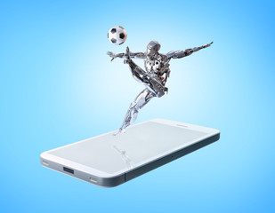 A robot playing football, kicking soccer ball in action on the smartphone. Sports mobile application, smartphone football soccer gaming, entertainment concept. 3D illustration