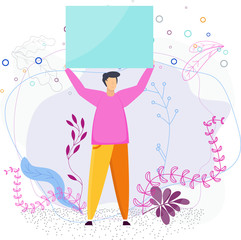 Man raised up empty banner. Flat cartoon style.