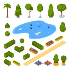 City park 3d isometric icons. Vector landscape design elements. Green garden trees, pond and flower pots, isolated