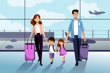 Happy family with two kids going to their summer vacation. Family travel by airplane. Vector flat cartoon illustration.