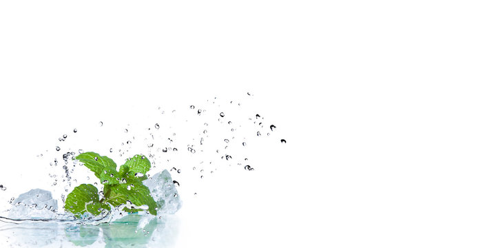 ice cubes and splashing water with mint on a white background