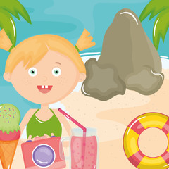 Obraz na płótnie Canvas cute little girl with swimsuit and camera on the beach
