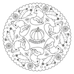 Coloring page mandala for kids with ORANGE pumpkin, fox, carrots and chanterelle mushrooms. Vector Illustration.