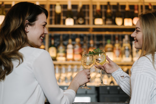 Back view of two female friends smiling and clinking glasses of alcohol cocktails while spending time in bar of cozy restaurant