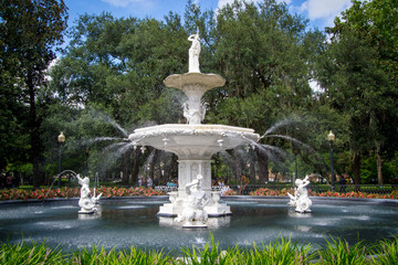 Elegant white fountain in park