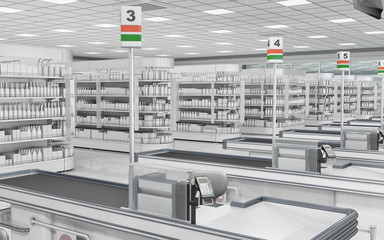 Supermarket cash registers and shelves with goods. 3d illustration.