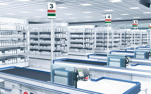 Supermarket cash registers and shelves with goods. 3d illustration.