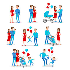 Fototapeta na wymiar Set of characters showing the stages of development of the family. Creation, birth of children, care and upbringing. Mother, father and son. Vector illustration in a flat style