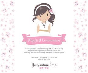 My first communion invitation. Beautiful girl with communion dress and cute flower frame