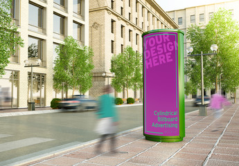 Cylindrical Billboard on City Street Mockup