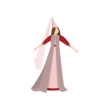 Fairy tale beautiful princess in long dress with conical hat