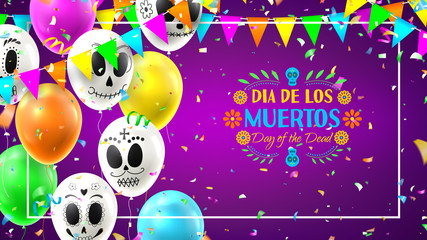 Holiday banner of Day of the Dead. Colorful background with realistic flying white and colour air balloons. Vector illustration with color garlands and confetti.
