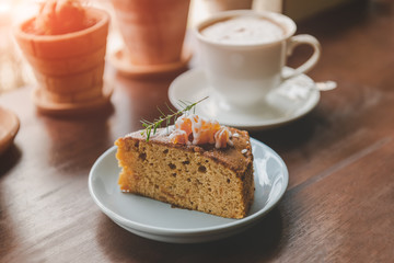 Fruit cake in coffee break cutting serve.