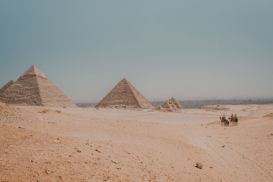 Cairo, Egypt - April, 12 2019: Tourists with camels in desert against famous Great Pyramids and gray sky