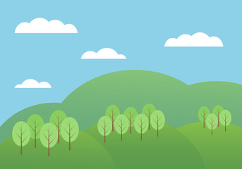 Flat design cartoon illustration of mountain landscape with hills and trees under blue sky with clouds, vector